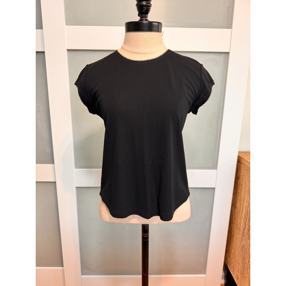 DKNY Petite Small Womens Top Black Short Sleeve Pullover Keyhole Blouse PS 2P